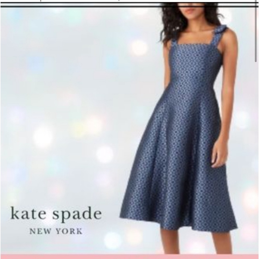 Kate Spade Brocade facquard elegant midi dress tea lenght adjustable straps blue